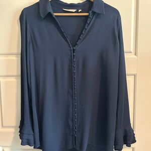 Soft Surroundings Blue Long Sleeve Notched Collar Blouse